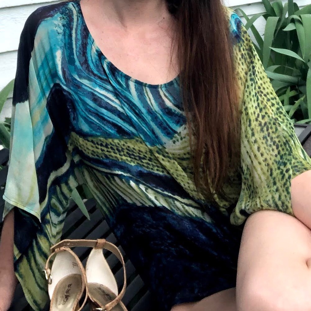 Chico's Blue & Green Sheer Blouse (XL)